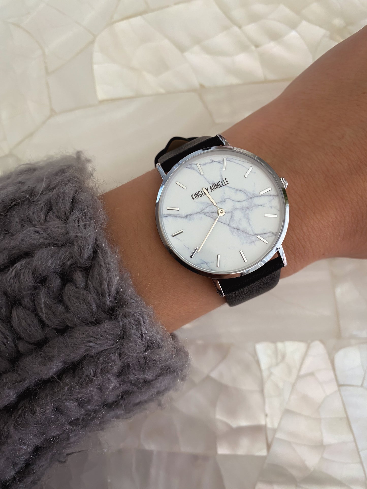 Tempus Collection - Silver Marble Black Leather Watch